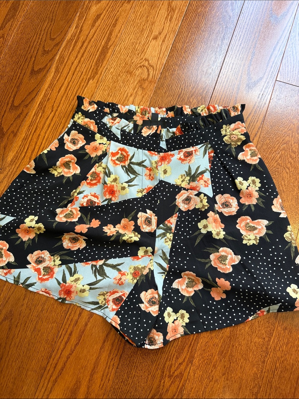 Topshop Black Floral Patchwork Shorts with Peach and Light Blue Accents